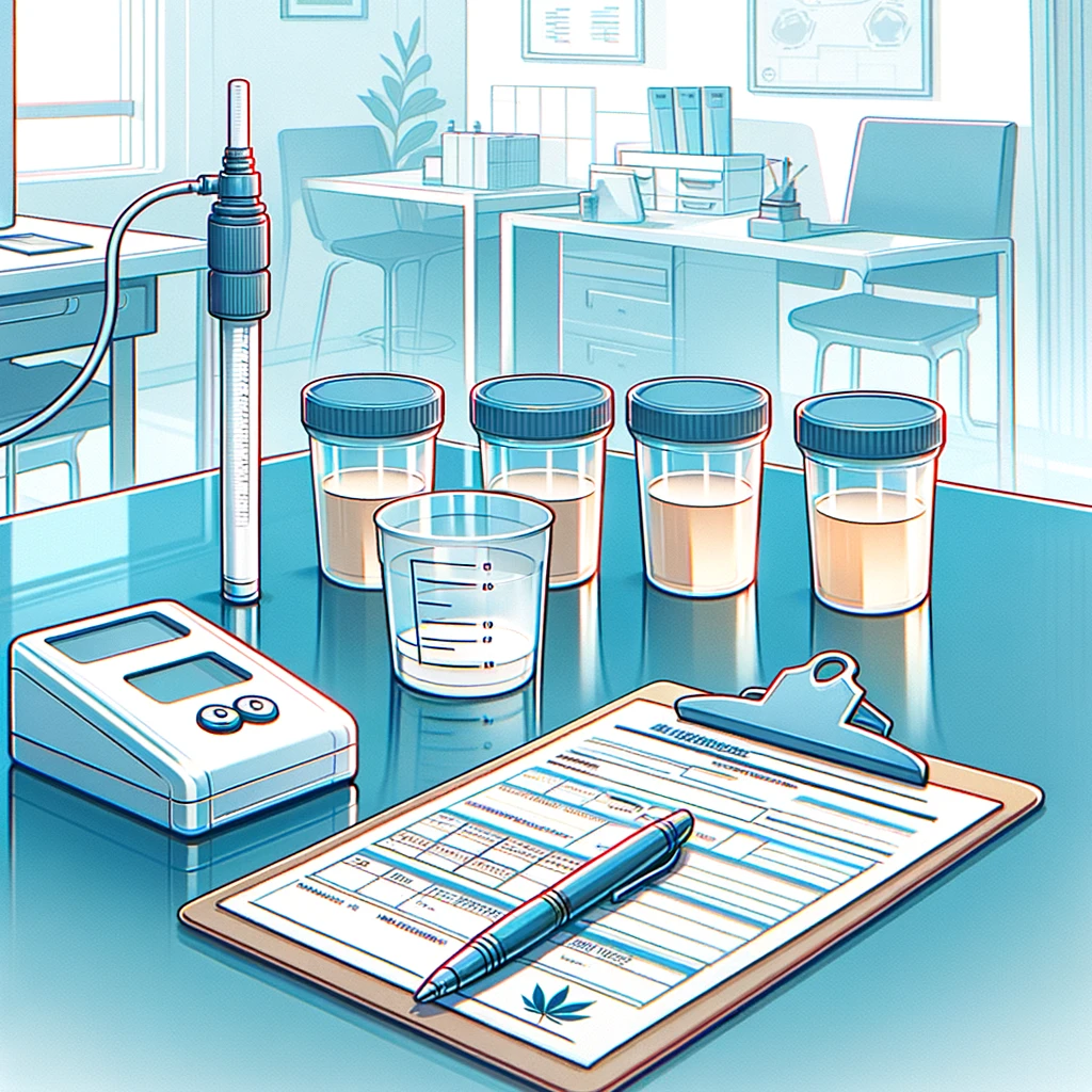 DALL·E 2024-01-01 10.30.06 - An illustration representing drug and alcohol testing in a professional setting. The image shows a clinical table with various items_ a breathalyzer d